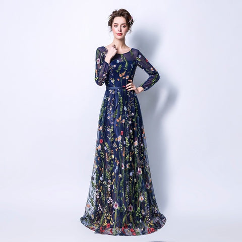 Flowers Embroidery Long Sleeves Evening Dress