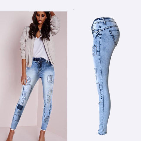 Low Waist Sky Blue Patchwork Skinny Tights Pencil Jeans