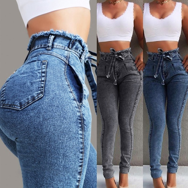 Jeans de talla grande de mezclilla con vendaje estilo streetwear de cintura alta