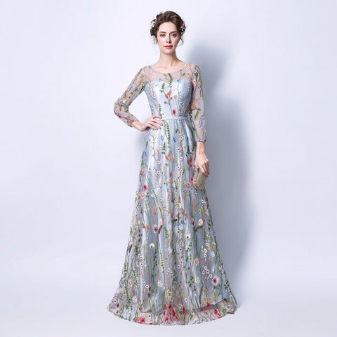 Flowers Embroidery Long Sleeves Evening Dress