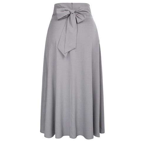 Sexy Plus Size XXL Women Gray Retro High Waist Pleated Belted Maxi Skirt Vintage Long Skirts