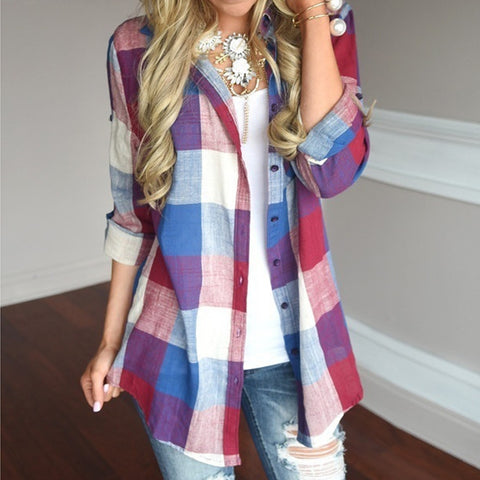 womens tops and blouses Female Casual Matching Color Long Sleeve Button Loose Plaid Shirt Top