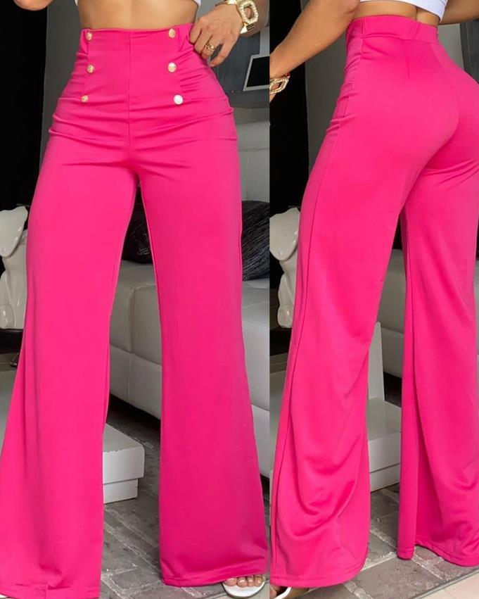 Breasted Decorative Wide Leg Pants Rose Red Pants