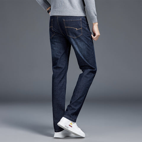 Plush Jeans Men's Winter Pants Medium Waist Non Iron Casual Pants Warm Thickened Elastic Straight Leg Pants Men