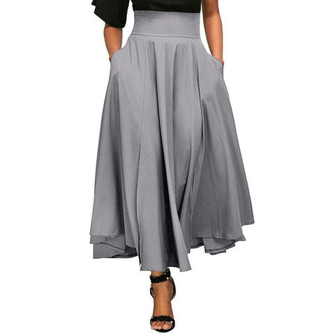 Sexy Plus Size XXL Women Gray Retro High Waist Pleated Belted Maxi Skirt Vintage Long Skirts