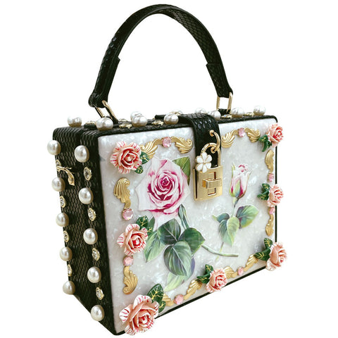 Snakeskin Pattern Box Evening Clutch Bags Women Elegant Retro 3D Flowers Diamonds Wedding Purse Ladies Pearls Shoulder Bag
