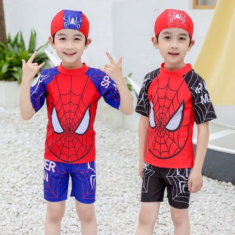 Children's Swimsuit Boy Student Swimming Trunks Split Sunscreen Plus Size Baby Swimwear Three-Piece Spiderman Swimsuit