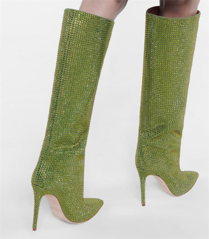 Gypsophila Rhinestone Pointed Toe Stiletto High-Heeled Knee-High Boots Plus Size Catwalk Women's Boots