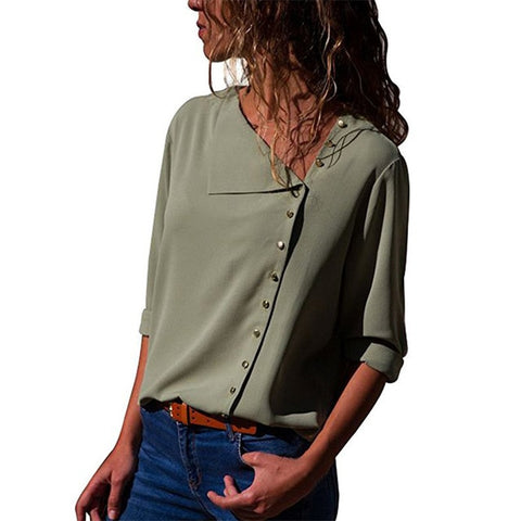 Chiffon Blouse  Long Sleeve Women Blouses and Tops Skew Collar Solid Office Shirt Casual Tops Blusas Chemise Femme