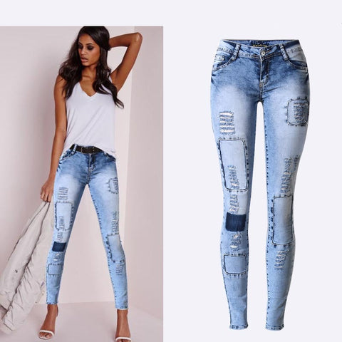 Low Waist Sky Blue Patchwork Skinny Tights Pencil Jeans