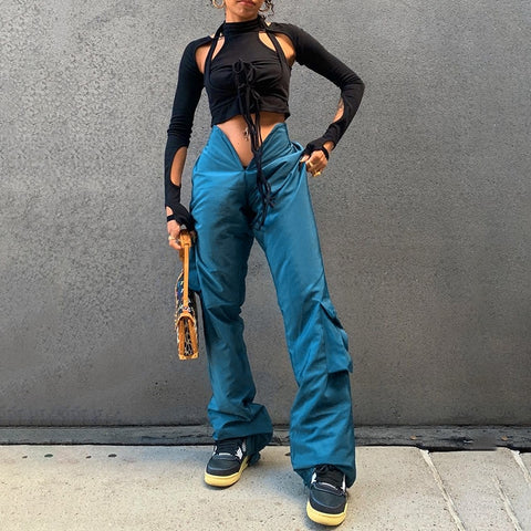 High Waist Solid Ruched Pockets Flare Cargo Pants Spring Summer Women Fashion Sexy Streetwear Casual Trouser