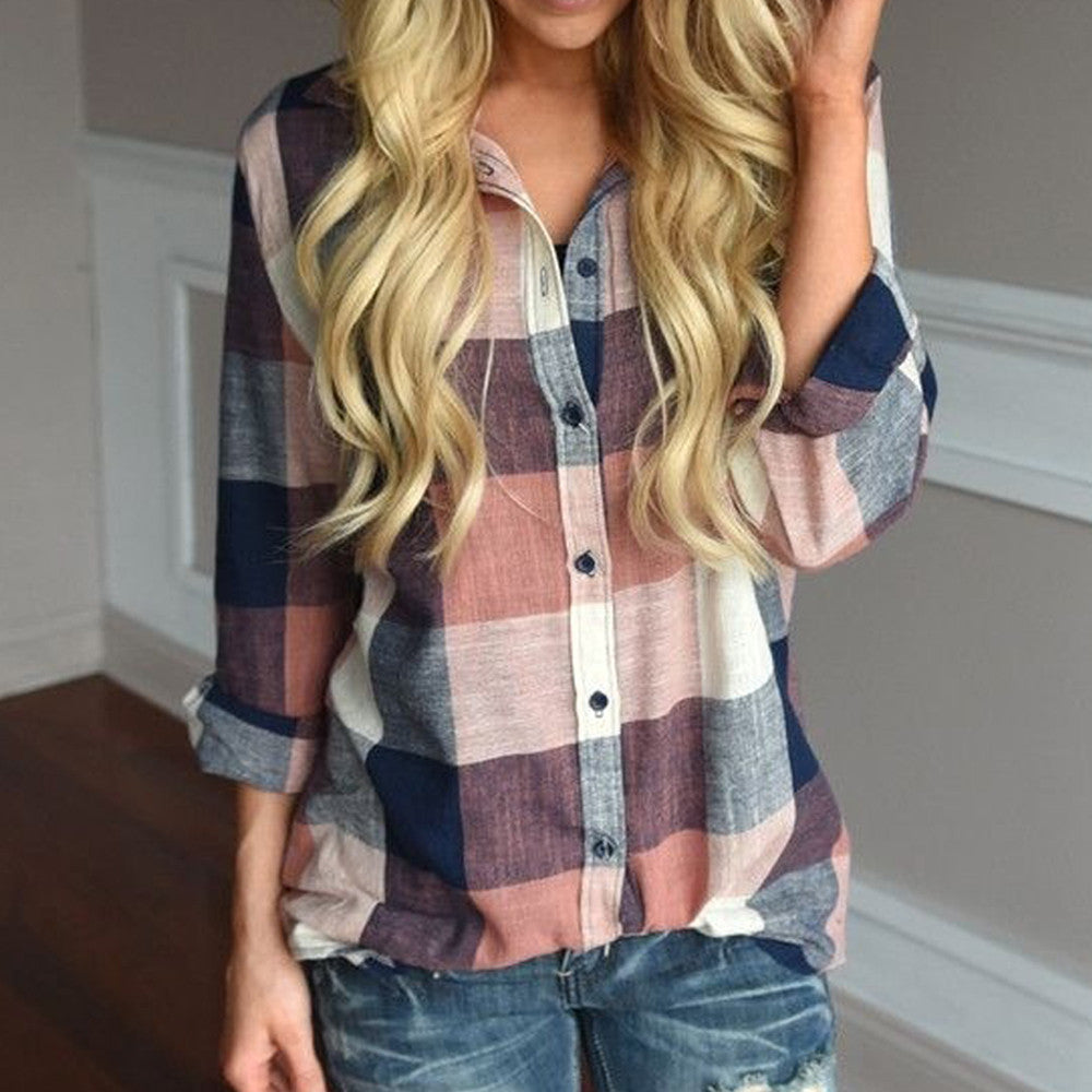 womens tops and blouses Female Casual Matching Color Long Sleeve Button Loose Plaid Shirt Top