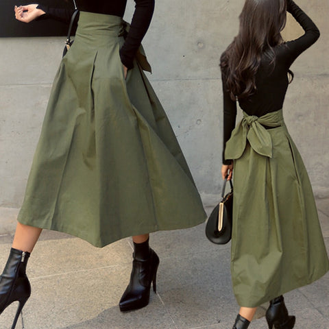 Skirts Womens Korean Fashion Solid Color Big Swing Ladies Skirt Long Skirt Autumn Wild High Waist Bow Slim Skirts