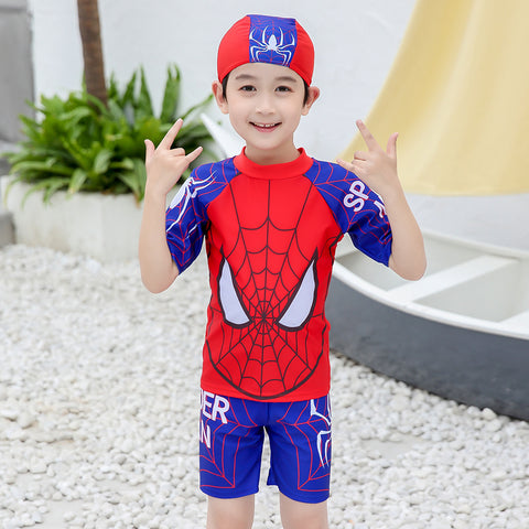Children's Swimsuit Boy Student Swimming Trunks Split Sunscreen Plus Size Baby Swimwear Three-Piece Spiderman Swimsuit