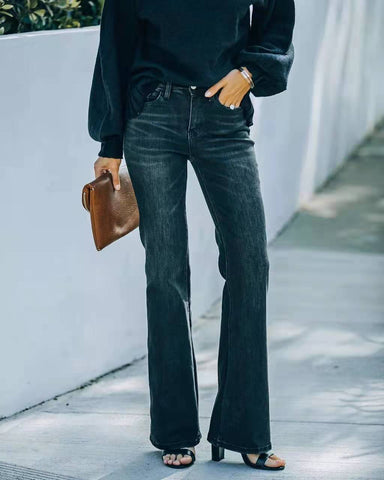 Fashion High Waist Stretch Flare Jeans Women Trousers Black
