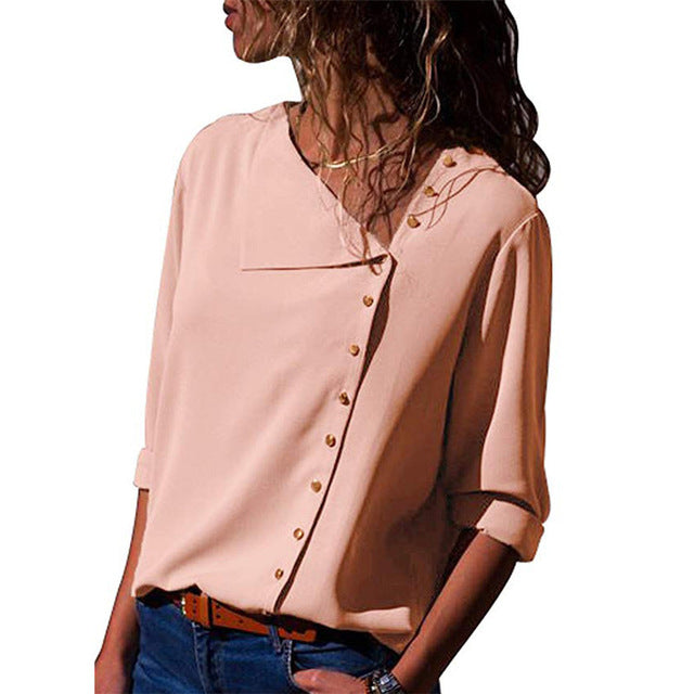Chiffon Blouse  Long Sleeve Women Blouses and Tops Skew Collar Solid Office Shirt Casual Tops Blusas Chemise Femme