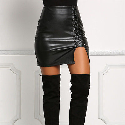 Leather Pencil Bodycon High Waist Lace Up Skirt Black Leather Short Mini A-Line Skirts