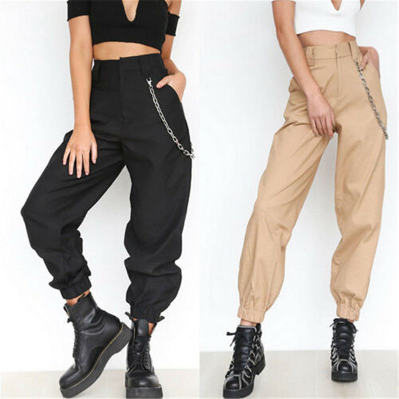 S-2XL Plus Size Pants Women Casual High Waist Cargo Pants Women Loose Solid Black Khaki Trousers Pockets Elastic Waist Bottoms
