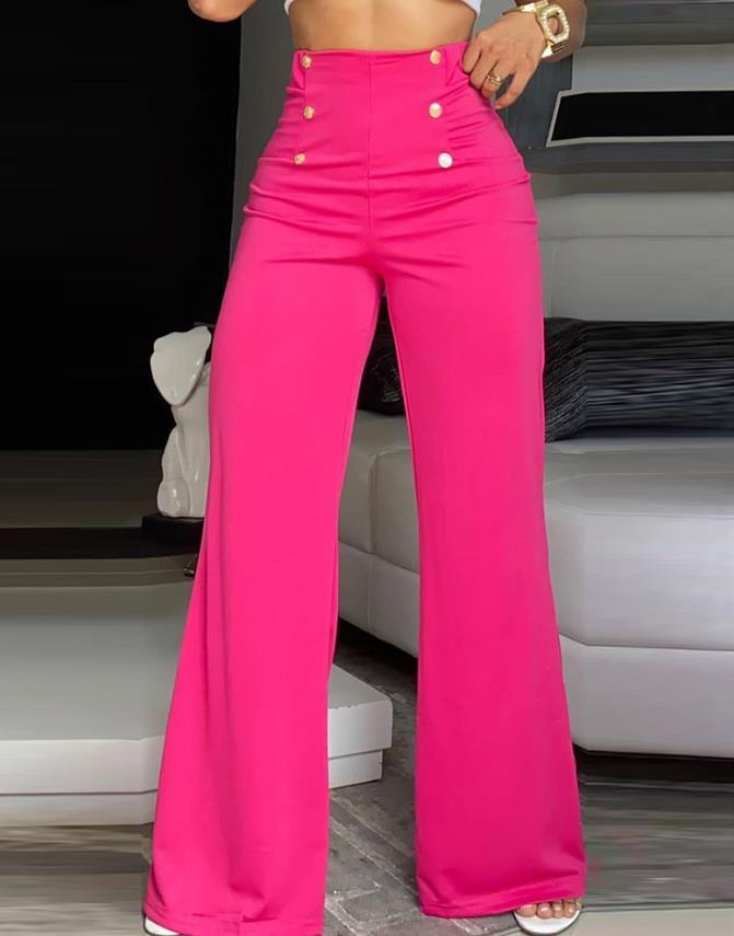 Breasted Decorative Wide Leg Pants Rose Red Pants
