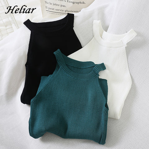 HELIAR Tops Women Crop Tops Off Shoulder Stretchy Knitted Tank Tops Female Sleveless Halter Casual Tank Crop Top For Women