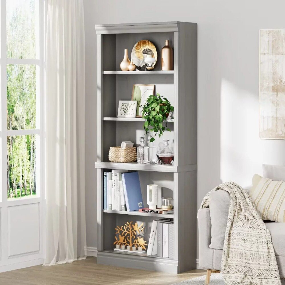 Vineego Wood Bookcase Tall Book Shelves 5 Display storage Organization Furniture for Living Room Ivory White