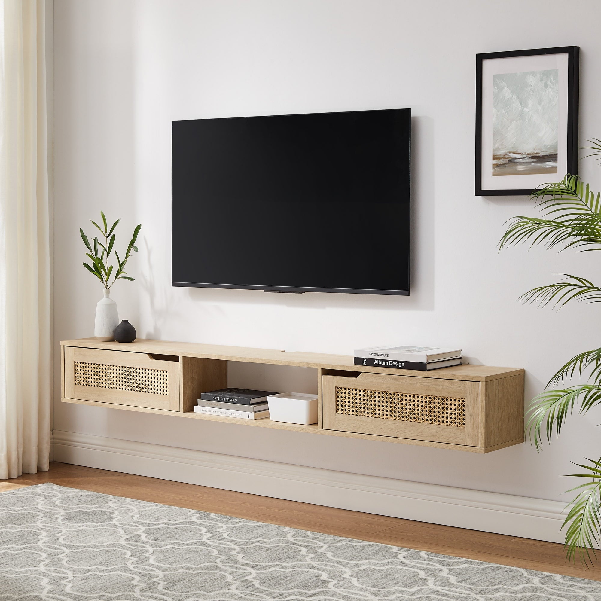 Manor Park Modern Rattan-Door Floating TV Stand for TVs Up To 80” Black Living Room Furniture  Modern Tv Stand  Tv Cabinet