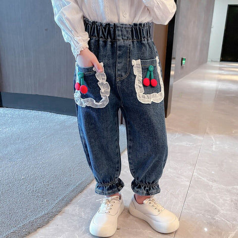 Girls Jeans Cherry Pattern Jeans For Girl Spring Autumn Kids Jeans Casual Style Clothes For Girls