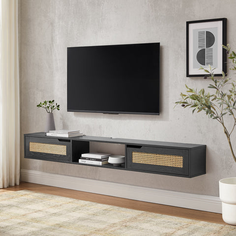 Manor Park Modern Rattan-Door Floating TV Stand for TVs Up To 80” Black Living Room Furniture  Modern Tv Stand  Tv Cabinet