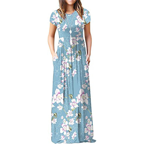 Round Neck Floral Maxi Long Pockets Dress